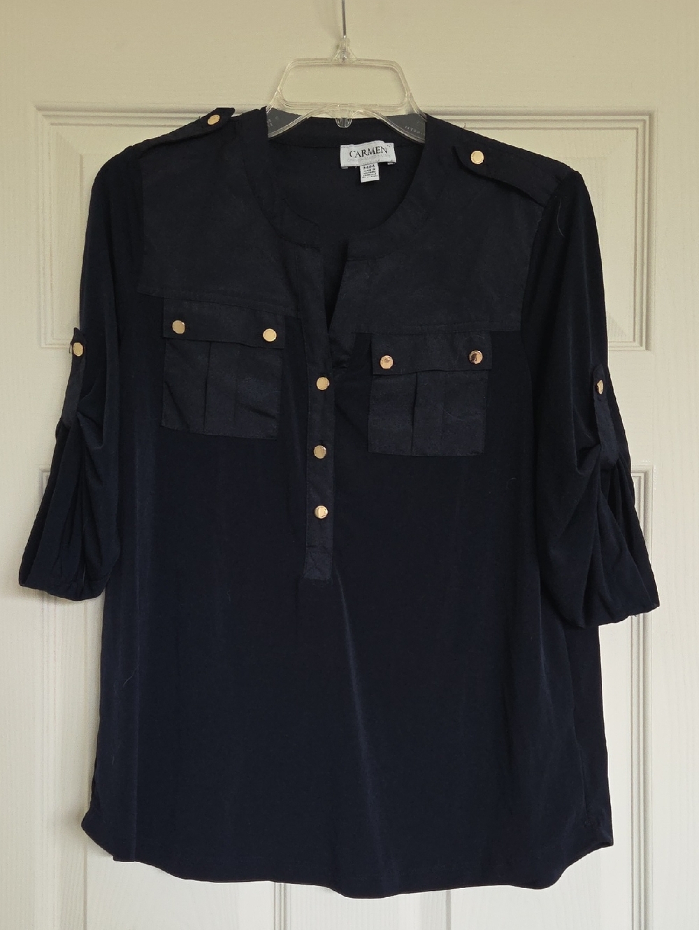 Carmen Marc Valvo Navy Tunic with Gold-Tone Buttons